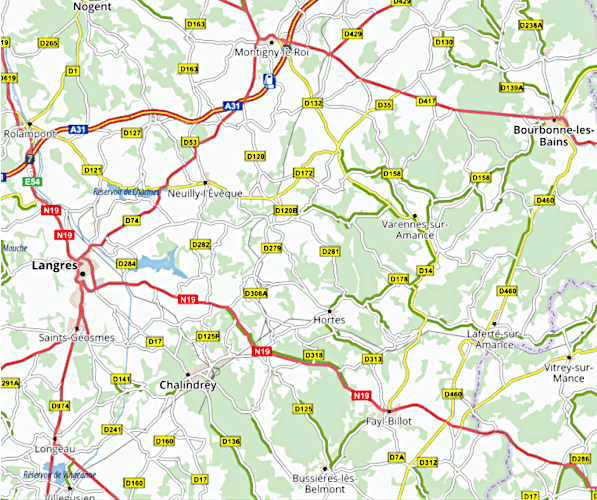 Hortes (commune de Haute-Amance) et les villages autour